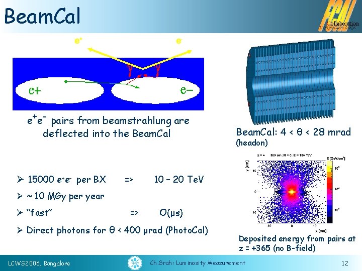 Beam. Cal e+ e- e+e- pairs from beamstrahlung are deflected into the Beam. Cal