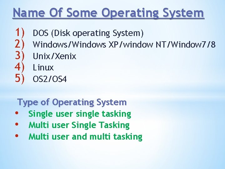 Name Of Some Operating System 1) 2) 3) 4) 5) DOS (Disk operating System)