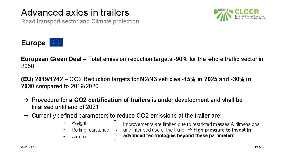 Advanced axles in trailers Road transport sector and Climate protection European Green Deal –