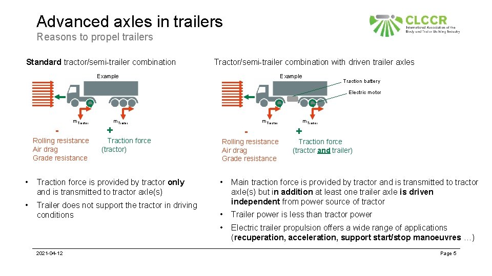 Advanced axles in trailers Reasons to propel trailers Standard tractor/semi-trailer combination Tractor/semi-trailer combination with