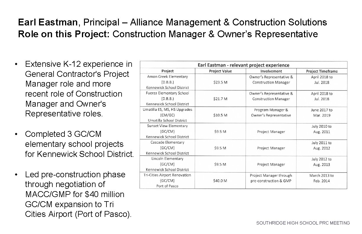 Earl Eastman, Principal – Alliance Management & Construction Solutions Role on this Project: Construction Earl Eastman, Principal – Alliance Management & Construction Solutions Role on this Project: Construction