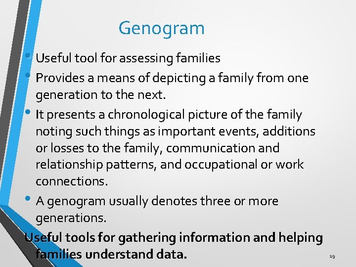 Genogram • Useful tool for assessing families • Provides a means of depicting a