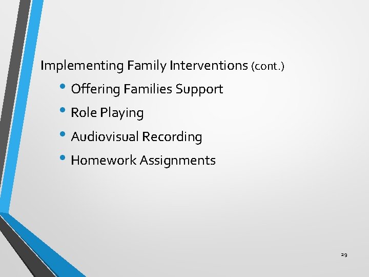 Implementing Family Interventions (cont. ) • Offering Families Support • Role Playing • Audiovisual