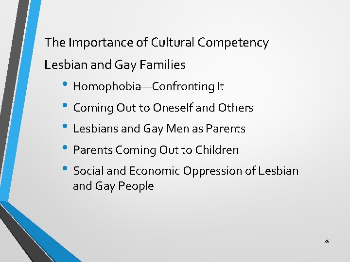 The Importance of Cultural Competency Lesbian and Gay Families • Homophobia—Confronting It • Coming