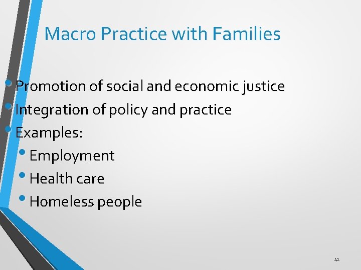Macro Practice with Families • Promotion of social and economic justice • Integration of