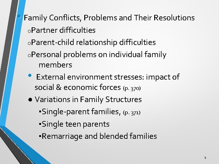  • Family Conflicts, Problems and Their Resolutions ○Partner difficulties ○Parent-child relationship difficulties ○Personal