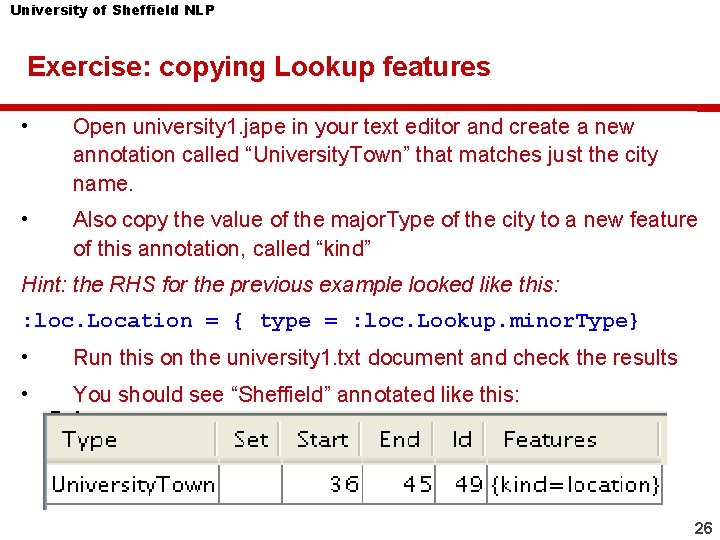 University of Sheffield NLP Exercise: copying Lookup features • Open university 1. jape in