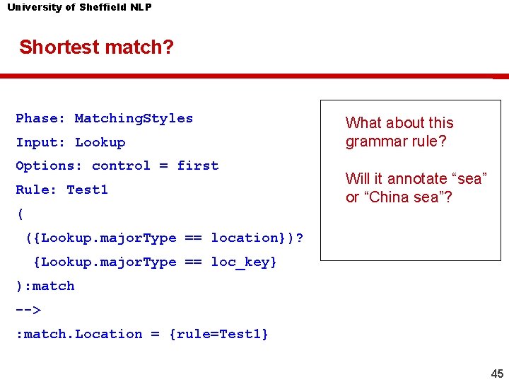 University of Sheffield NLP Shortest match? Phase: Matching. Styles Input: Lookup Options: control =