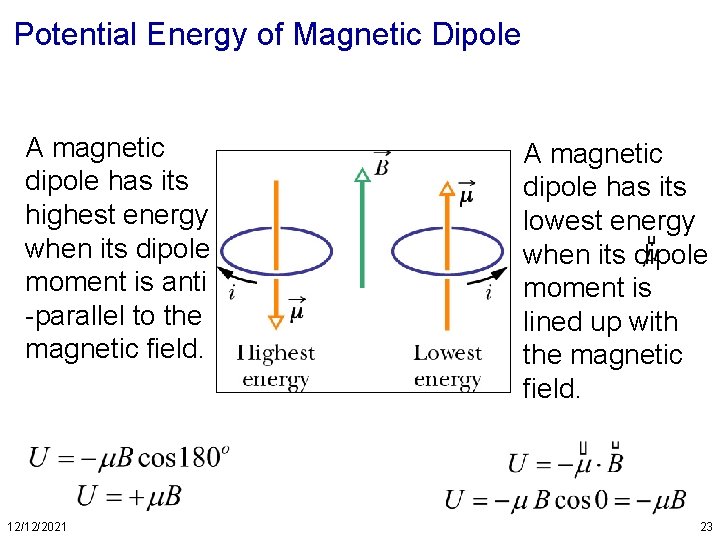 Potential Energy of Magnetic Dipole A magnetic dipole has its highest energy when its