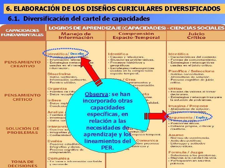 6. ELABORACIÓN DE LOS DISEÑOS CURICULARES DIVERSIFICADOS 6. 1. Diversificación del cartel de capacidades