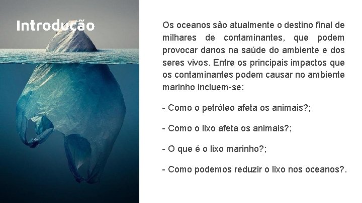 Introdução Os oceanos são atualmente o destino final de milhares de contaminantes, que podem