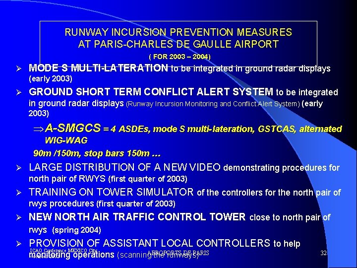 RUNWAY INCURSION PREVENTION MEASURES AT PARIS-CHARLES DE GAULLE AIRPORT ( FOR 2003 – 2004)
