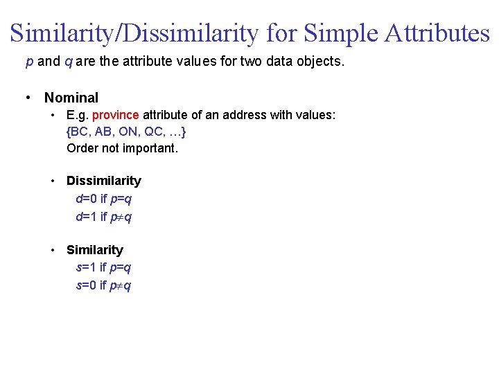 Similarity/Dissimilarity for Simple Attributes p and q are the attribute values for two data