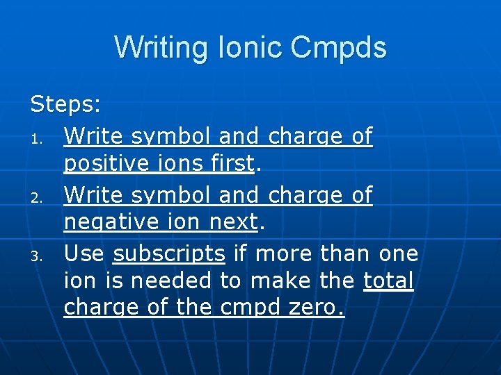 Writing Ionic Cmpds Steps: 1. Write symbol and charge of positive ions first. 2.