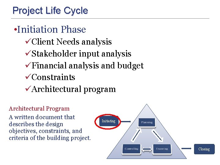 Project Life Cycle • Initiation Phase üClient Needs analysis üStakeholder input analysis üFinancial analysis