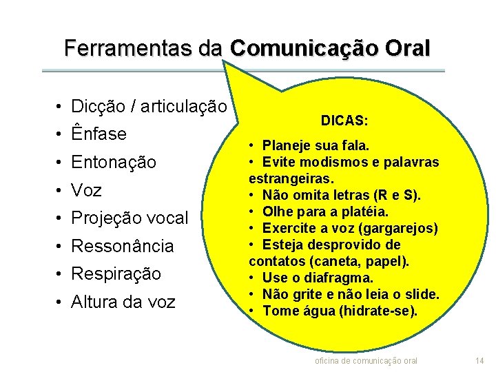 Ferramentas da Comunicação Oral • Dicção / articulação • Ênfase • Entonação • Voz