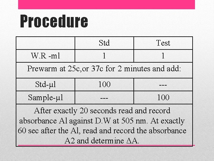 Procedure W. R -ml Std Test 1 1 Prewarm at 25 c, or 37