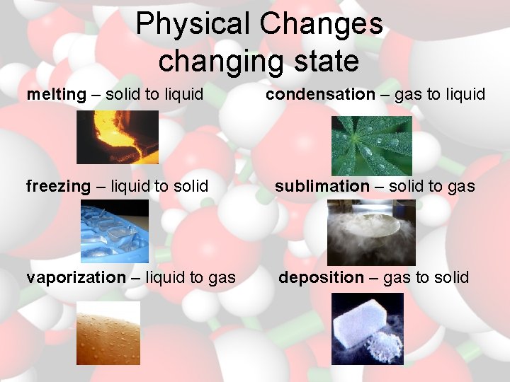 Physical Changes changing state melting – solid to liquid condensation – gas to liquid