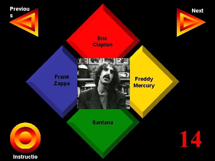 Previou s Next Eric Clapton Frank Seth Zappa Freddy Mercury Santana John Instructio 14