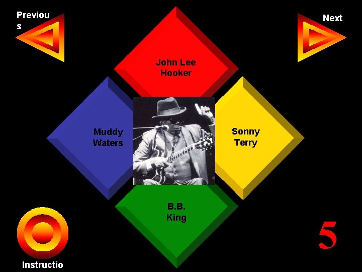 Previou s Next John Lee Hooker Sonny Terry Muddy Seth Waters B. B. John