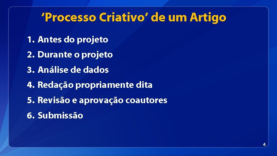 ‘Processo Criativo’ de um Artigo 1. Antes do projeto 2. Durante o projeto 3.