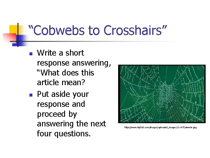 “Cobwebs to Crosshairs” n n Write a short response answering, “What does this article