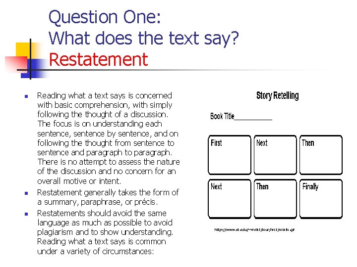 Question One: What does the text say? Restatement n n n Reading what a