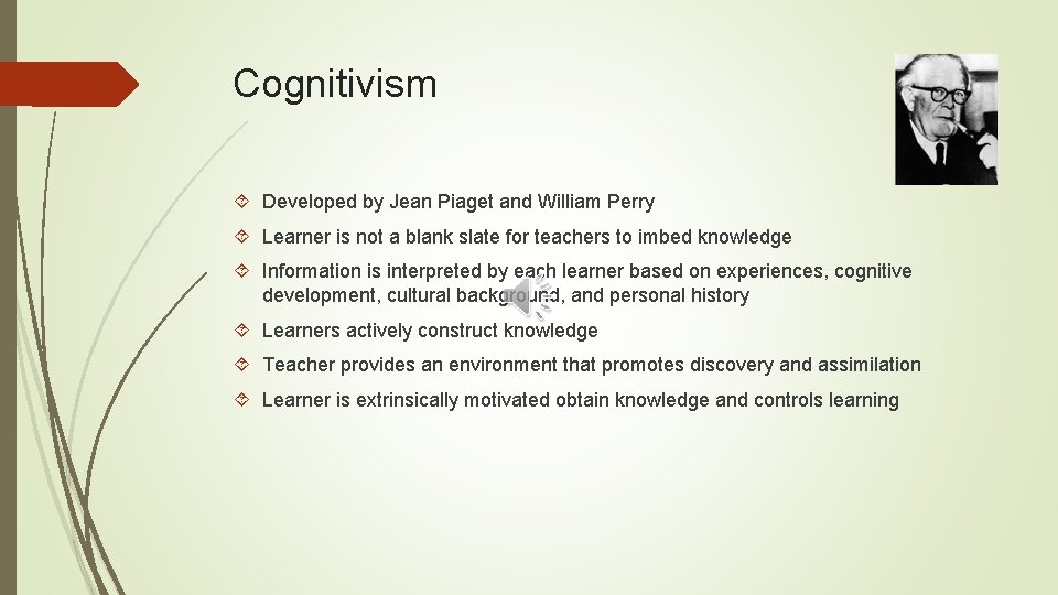 Cognitivism Developed by Jean Piaget and William Perry Learner is not a blank slate