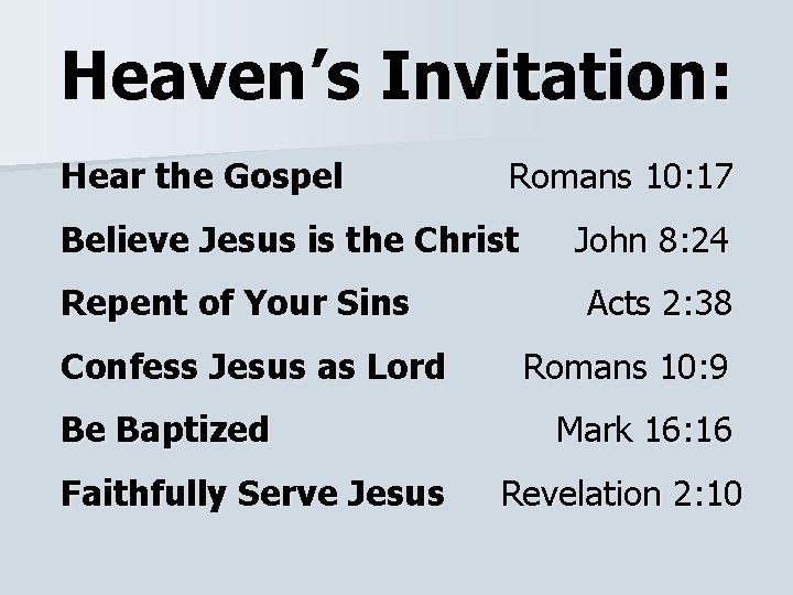 Heaven’s Invitation: Hear the Gospel Romans 10: 17 Believe Jesus is the Christ Repent