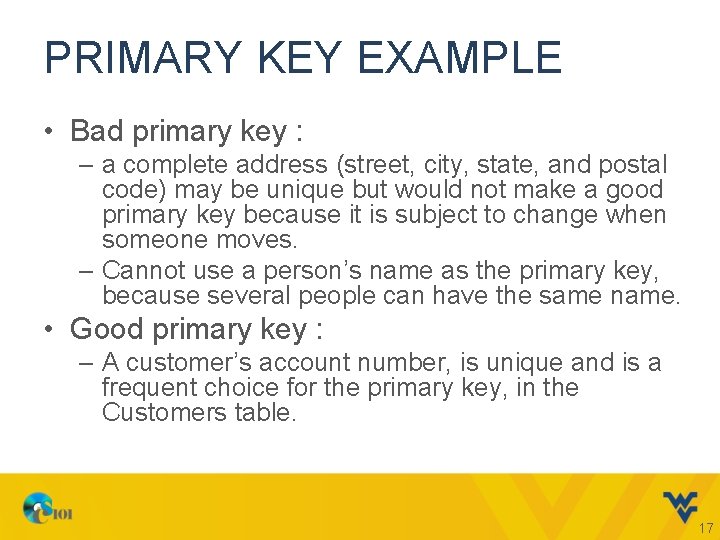 PRIMARY KEY EXAMPLE • Bad primary key : – a complete address (street, city,