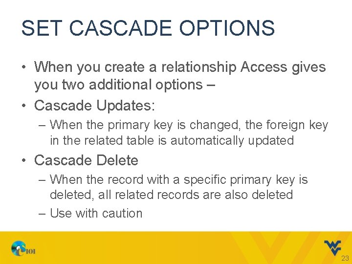 SET CASCADE OPTIONS • When you create a relationship Access gives you two additional