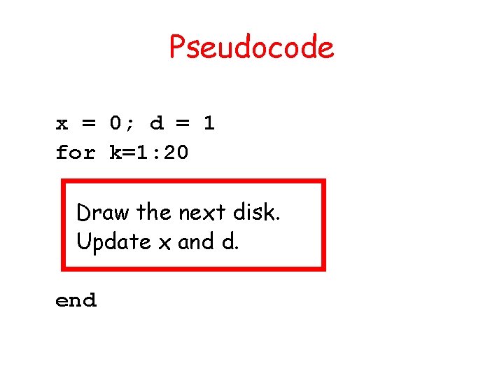 Pseudocode x = 0; d = 1 for k=1: 20 Draw the next disk.