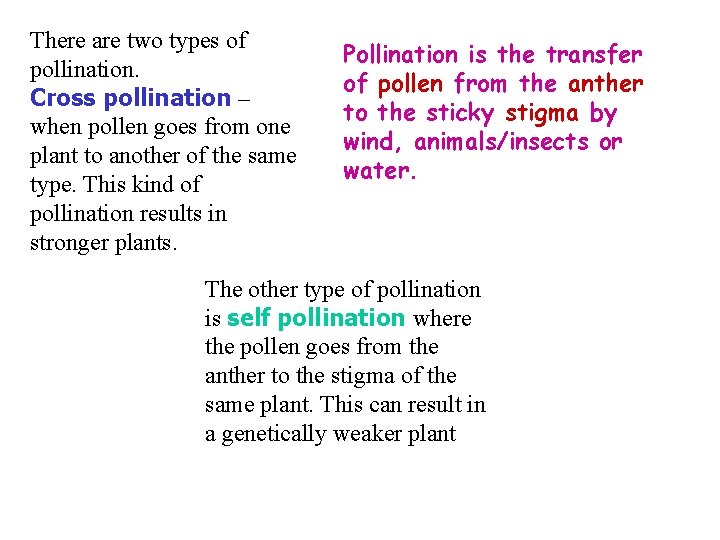 There are two types of pollination. Cross pollination – when pollen goes from one There are two types of pollination. Cross pollination – when pollen goes from one