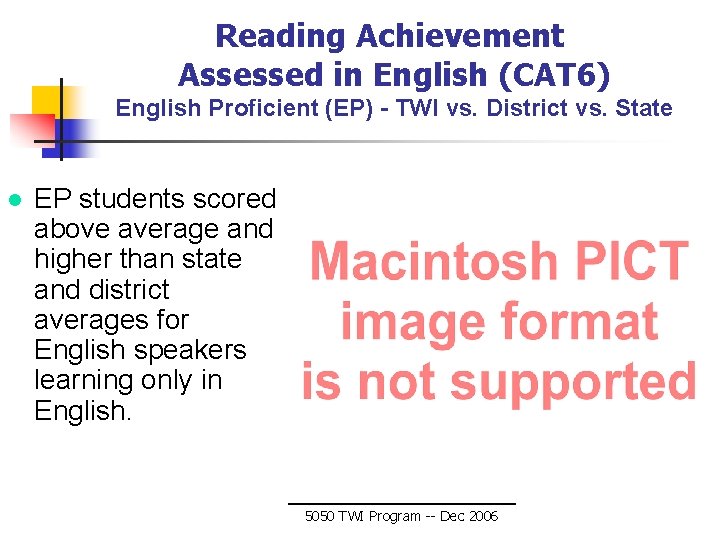 Reading Achievement Assessed in English (CAT 6) English Proficient (EP) - TWI vs. District