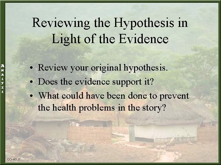 Reviewing the Hypothesis in Light of the Evidence • Review your original hypothesis. •
