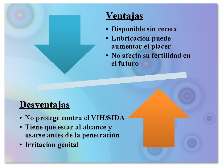 Ventajas • Disponible sin receta • Lubricación puede aumentar el placer • No afecta