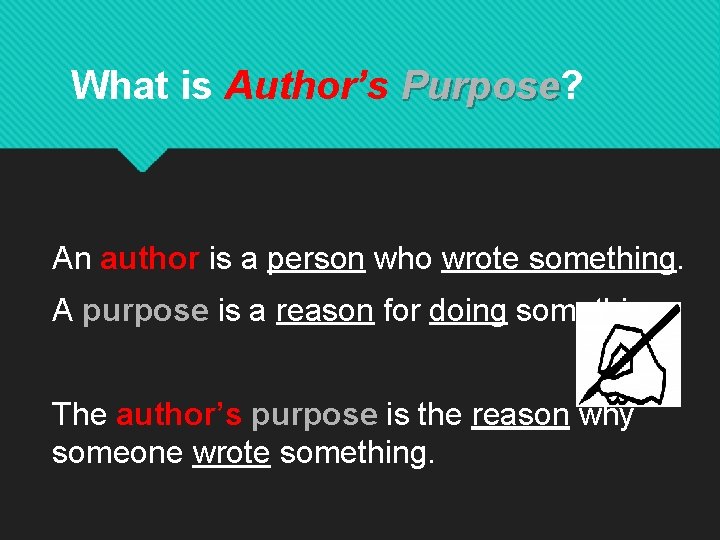 What is Author’s Purpose? Purpose An author is a person who wrote something. A
