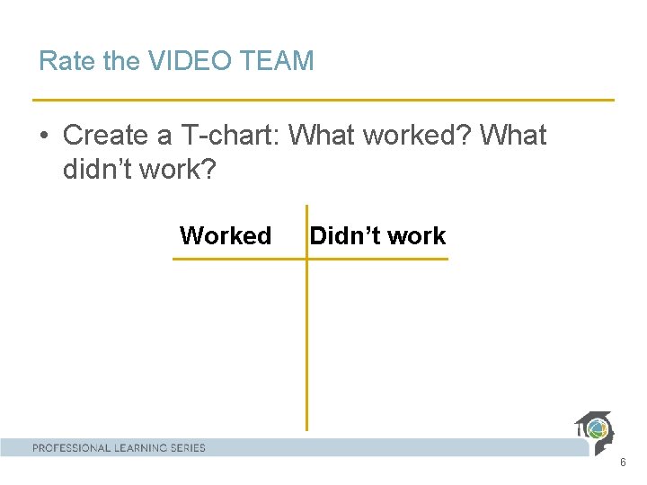 Rate the VIDEO TEAM • Create a T-chart: What worked? What didn’t work? Worked