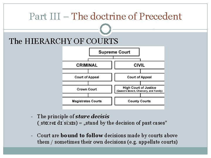 Part III – The doctrine of Precedent The HIERARCHY OF COURTS - The principle