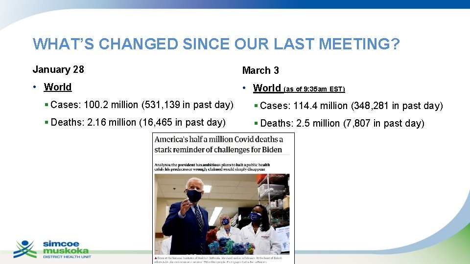 WHAT’S CHANGED SINCE OUR LAST MEETING? January 28 March 3 • World (as of