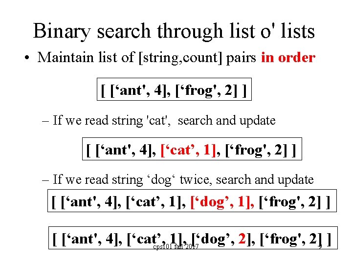 Binary search through list o' lists • Maintain list of [string, count] pairs in