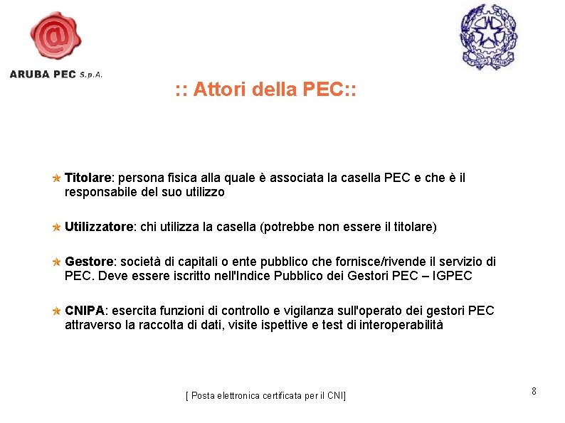 : : Attori della PEC: : Titolare: persona fisica alla quale è associata la