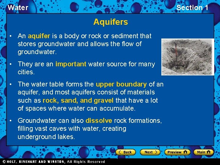 Water Section 1 Aquifers • An aquifer is a body or rock or sediment