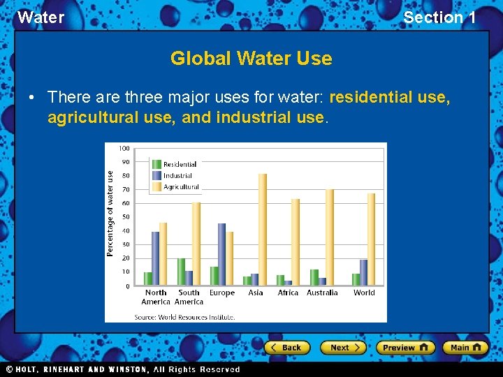 Water Section 1 Global Water Use • There are three major uses for water: