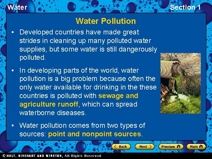 Water Section 1 Water Pollution • Developed countries have made great strides in cleaning
