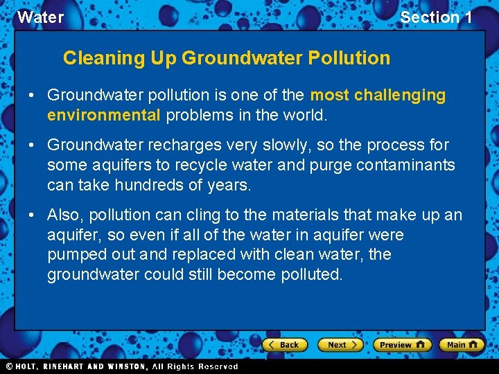 Water Section 1 Cleaning Up Groundwater Pollution • Groundwater pollution is one of the