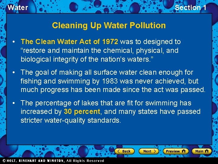 Water Section 1 Cleaning Up Water Pollution • The Clean Water Act of 1972