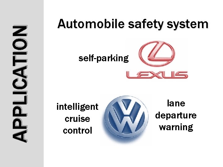 APPLICATION Automobile safety system self-parking intelligent cruise control lane departure warning APPLICATION Automobile safety system self-parking intelligent cruise control lane departure warning