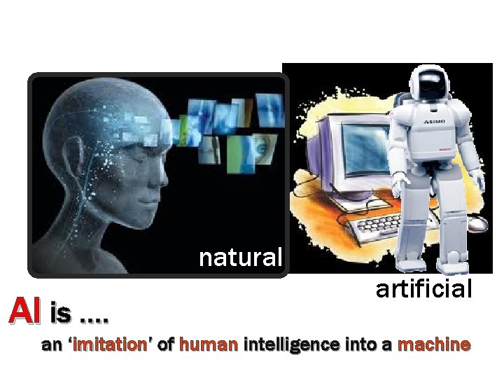 natural AI is …. artificial an ‘imitation’ of human intelligence into a machine natural AI is …. artificial an ‘imitation’ of human intelligence into a machine