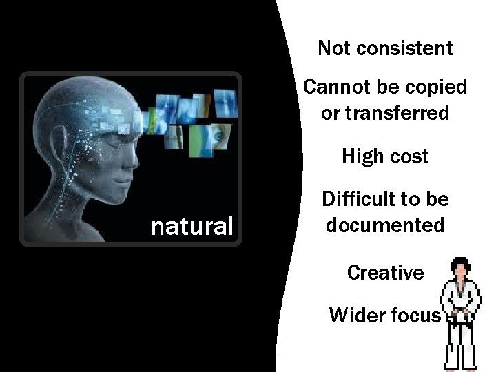 Not consistent Cannot be copied or transferred High cost natural Difficult to be documented Not consistent Cannot be copied or transferred High cost natural Difficult to be documented